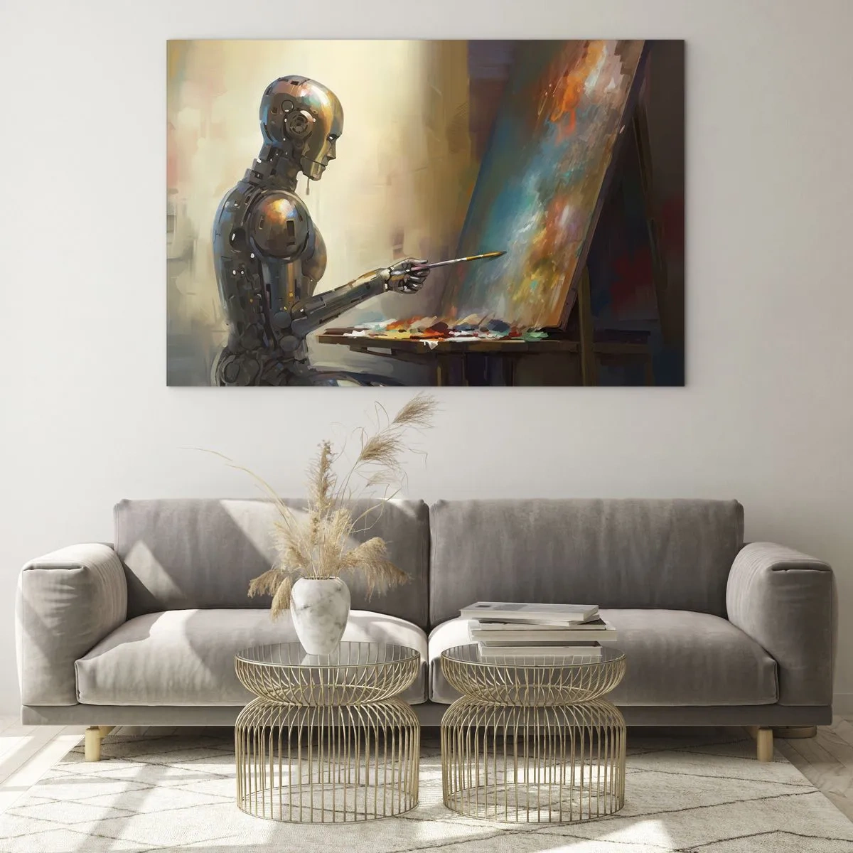 Glasbild - Bild auf glas - Ein Roboter malt ein Bild an einer Staffelei - 100x70cm - Die Kunst der Zukunft - Moderne Wanddekoration für Wohnzimmer und Schlafzimmer ARTTOR