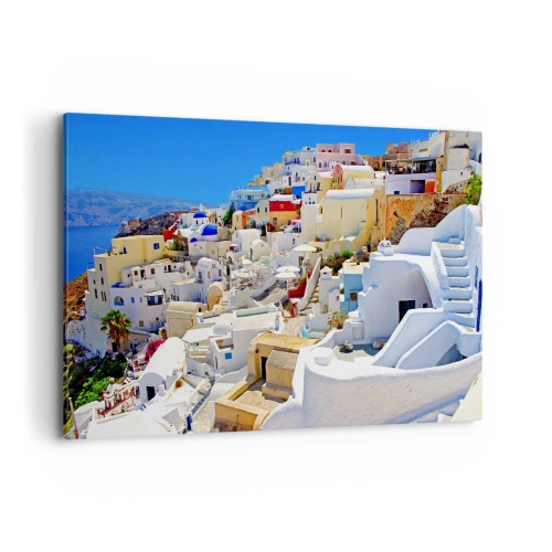 Bild auf Leinwand - Leinwandbild - Panorama von Santorini mit weißen Häusern und blauem Himmel - 120x80cm - Der Traum vom griechischen Sommer - Moderne Wanddekoration für Wohnzimmer und Schlafzimmer ARTTOR