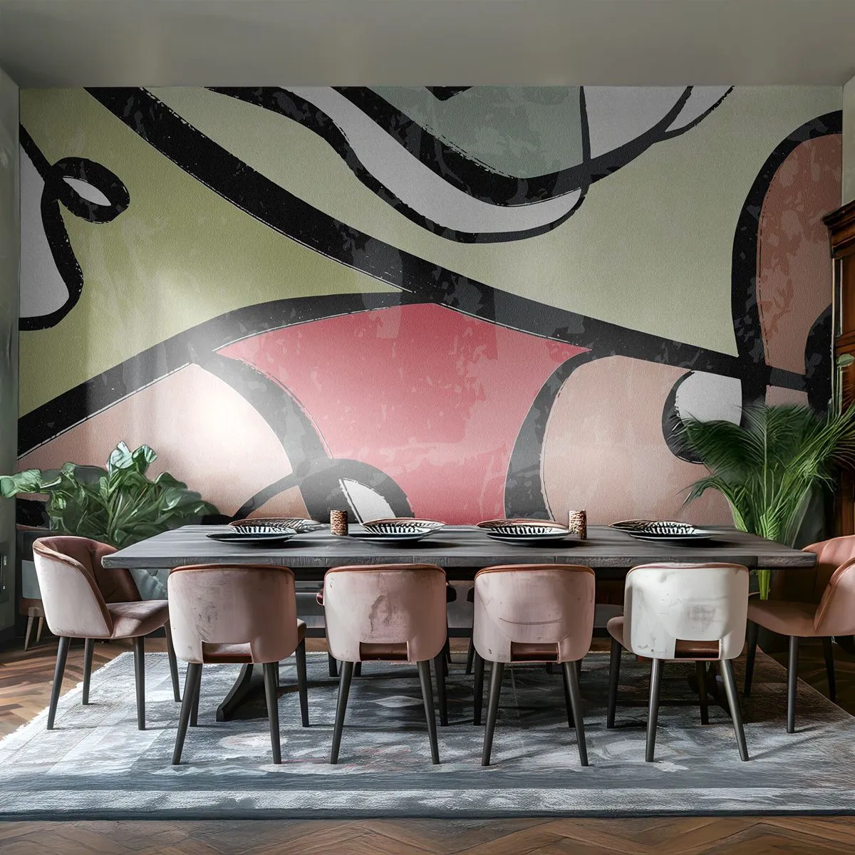 Fototapete Premium Sand - Bunte Abstraktion mit schwarzen Konturen und dynamischen Linien - 100x70cm - Pirouetten unter Farben - Moderne Wanddekoration für Wohnzimmer und Schlafzimmer ARTTOR