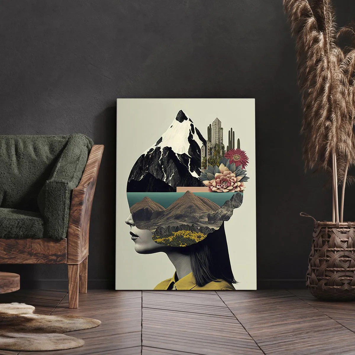 Bild auf Leinwand - Leinwandbild - Collage einer Frau mit Berglandschaft und Blumen - 70x100cm - Frau – bleibt immer ein Geheimnis - Moderne Wanddekoration für Wohnzimmer und Schlafzimmer ARTTOR