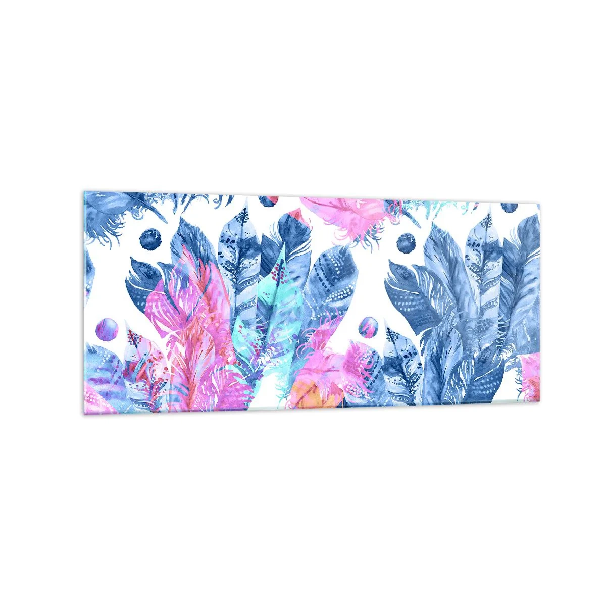Glasbild - Bild auf glas - Abstraktes Muster mit bunten Federn in Pastelltönen - 120x50cm - Pflaumen in Pink und Blau - Moderne Wanddekoration für Wohnzimmer und Schlafzimmer ARTTOR