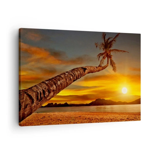 Bild auf Leinwand - Leinwandbild - Palme am Strand bei Sonnenuntergang mit Blick auf das Meer - 70x50cm - Exotischer Urlaub, karibisches Abenteuer - Moderne Wanddekoration für Wohnzimmer und Schlafzimmer ARTTOR