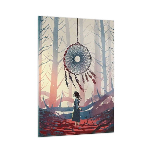 Glasbild - Bild auf glas - Eine Gestalt im Wald betrachtet einen großen Traumfänger, der in der Luft schwebt. - 50x70cm - Geheimes Glücksritual - Moderne Wanddekoration für Wohnzimmer und Schlafzimmer ARTTOR