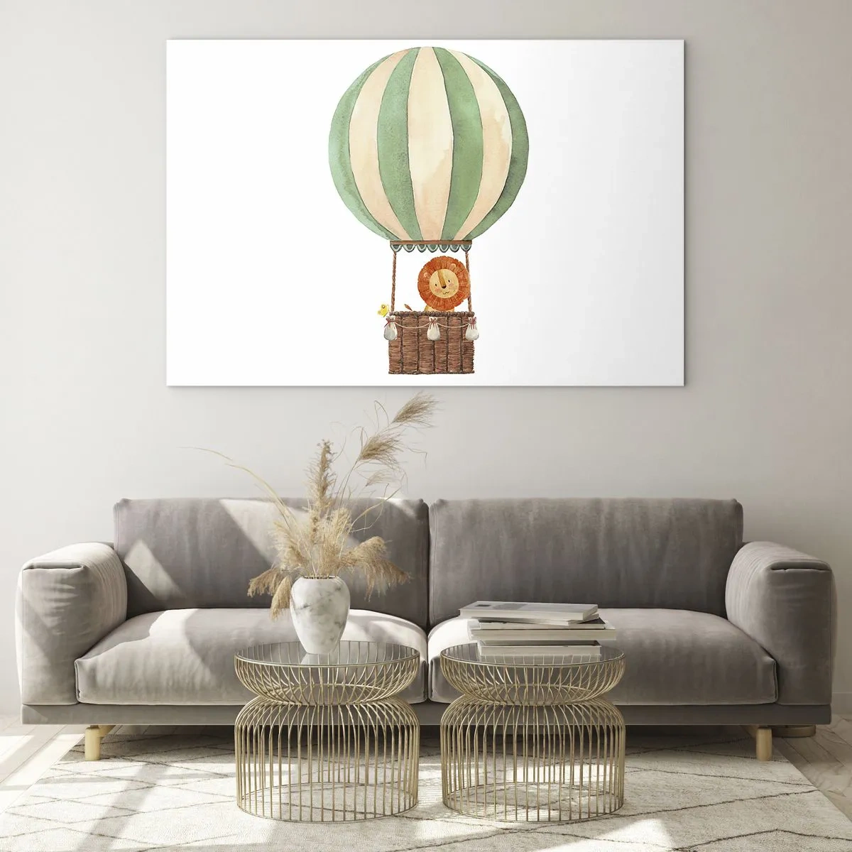 Glasbild - Bild auf glas - Ein Löwe in einem Ballonkorb schwebt auf weißem Hintergrund - 70x50cm - Leons Reisen - Moderne Wanddekoration für Wohnzimmer und Schlafzimmer ARTTOR