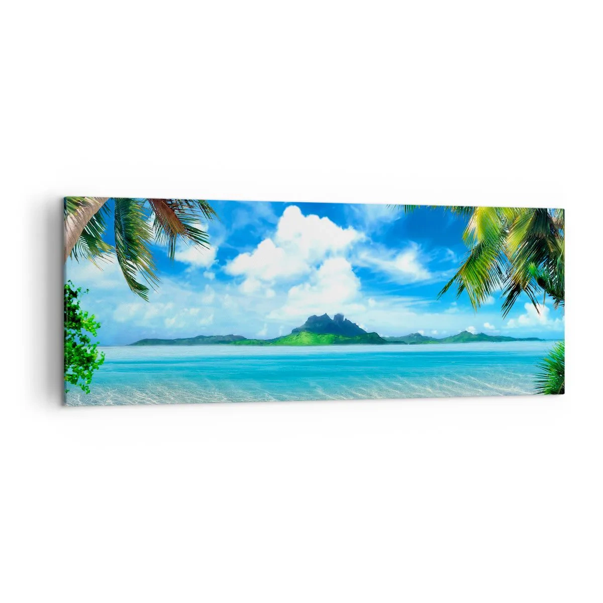 Bild auf Leinwand - Leinwandbild - Tropischer Strand mit Palmen und Blick auf die Insel - 140x50cm - Das Azurblau der Tropen - Moderne Wanddekoration für Wohnzimmer und Schlafzimmer ARTTOR