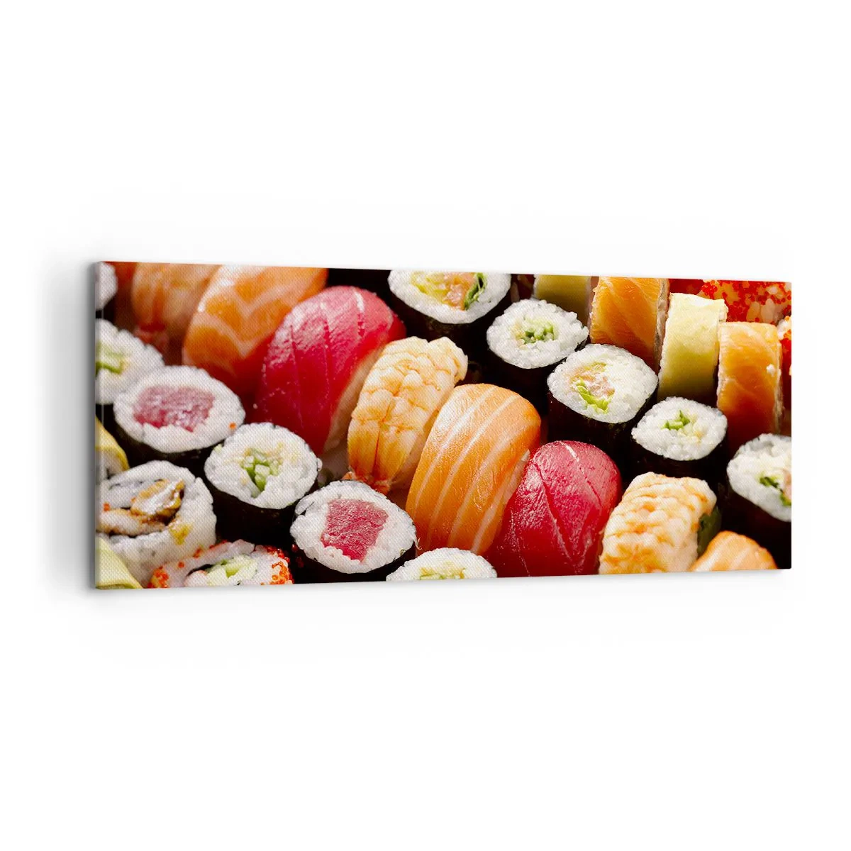 Bild auf Leinwand - Leinwandbild - Buntes Sushi in Reihen angeordnet mit verschiedenen Toppings - 120x50cm - Farben und Aromen Asiens - Moderne Wanddekoration für Wohnzimmer und Schlafzimmer ARTTOR