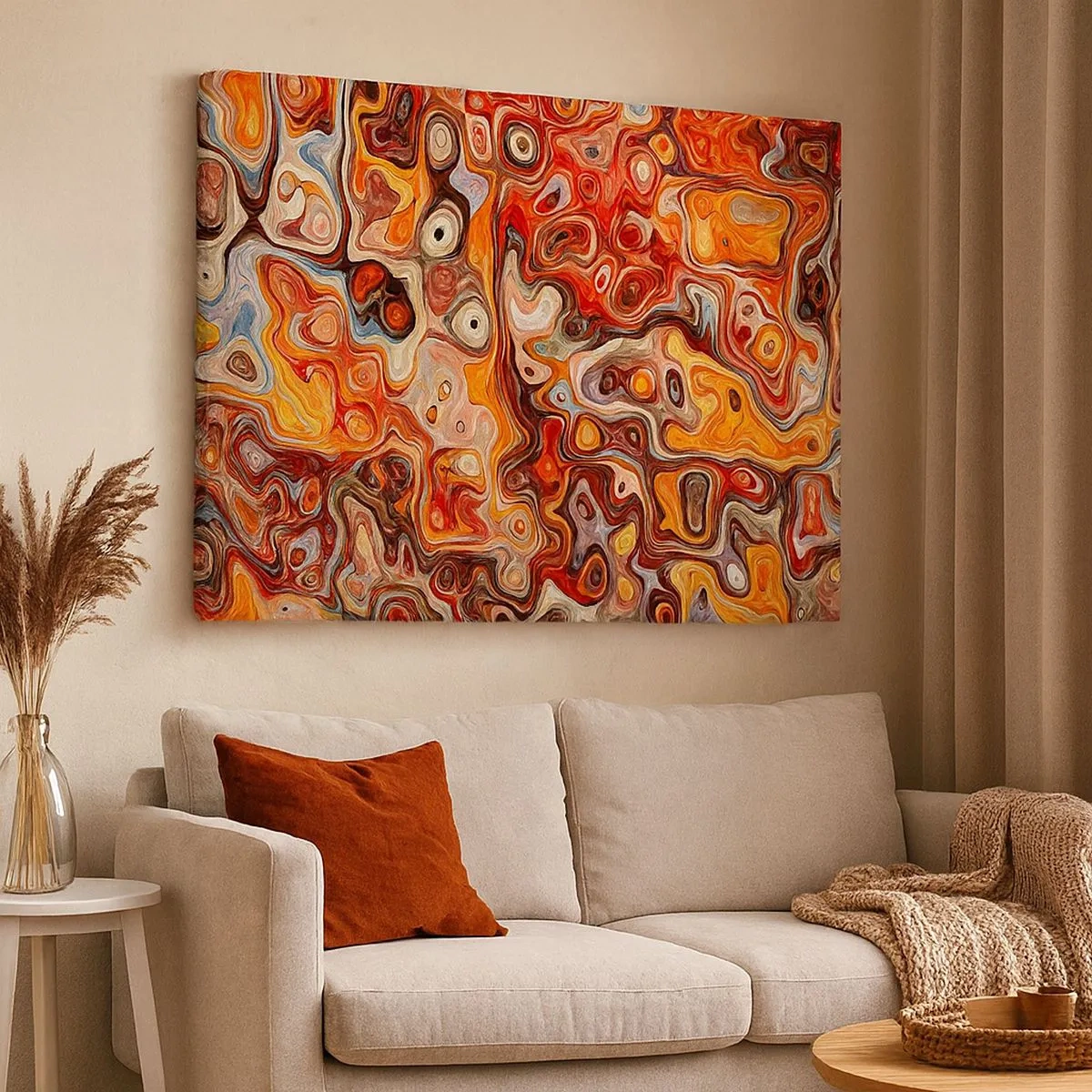 Bild auf Leinwand - Leinwandbild - Eine abstrakte Komposition in warmen Rot-, Orange- und Gelbtönen. - 70x50cm - Wenn die Nüsse in Honig geschmolzen sind - Moderne Wanddekoration für Wohnzimmer und Schlafzimmer ARTTOR