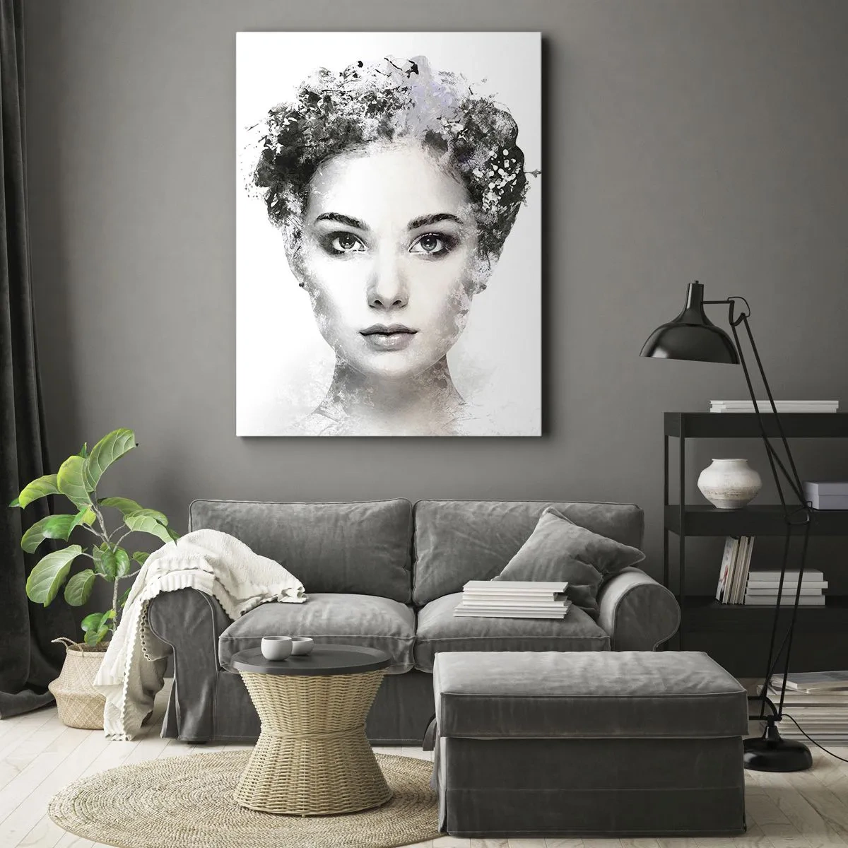 Bild auf Leinwand - Leinwandbild - Ein künstlerisches Frauenporträt mit zarten abstrakten Akzenten. - 70x100cm - Ein äußerst stilvolles Portrait - Moderne Wanddekoration für Wohnzimmer und Schlafzimmer ARTTOR