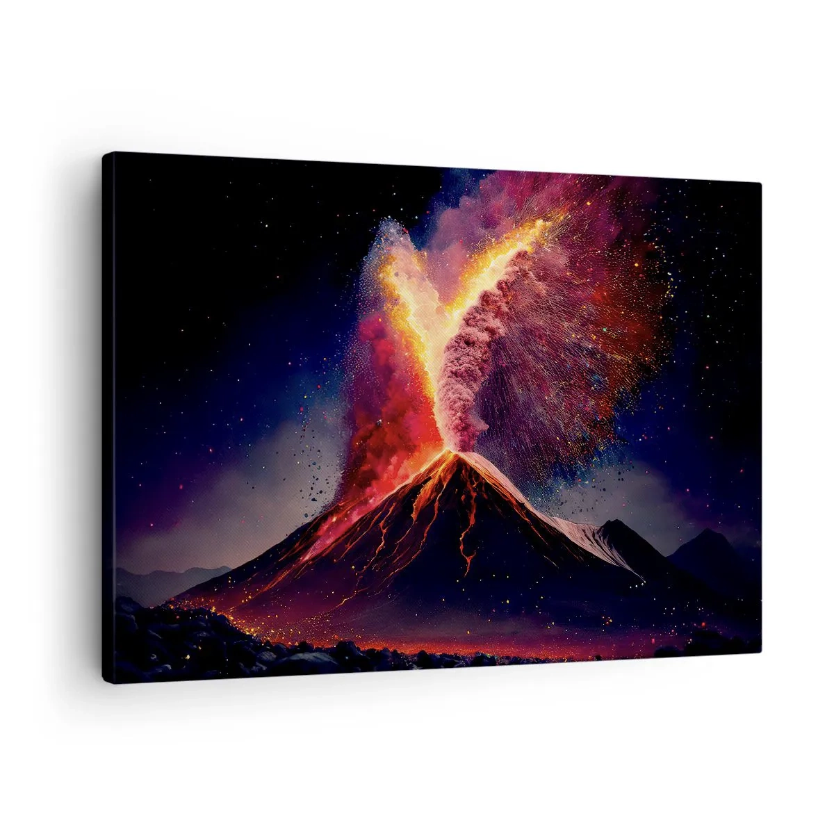 Bild auf Leinwand - Leinwandbild - Ein einzigartiger Vulkanausbruch bei Nacht mit dynamischen Farben. - 70x50cm - Schönheit und Horror - Moderne Wanddekoration für Wohnzimmer und Schlafzimmer ARTTOR