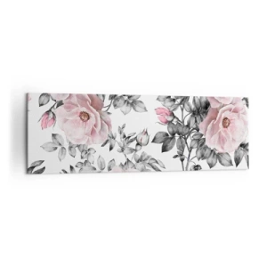 Bild auf Leinwand - Leinwandbild - Rosa Rosen und Blätter auf einem zarten schwarz-weißen Hintergrund - 160x50cm - Verliere dich in den Blüten der Rosen - Moderne Wanddekoration für Wohnzimmer und Schlafzimmer ARTTOR