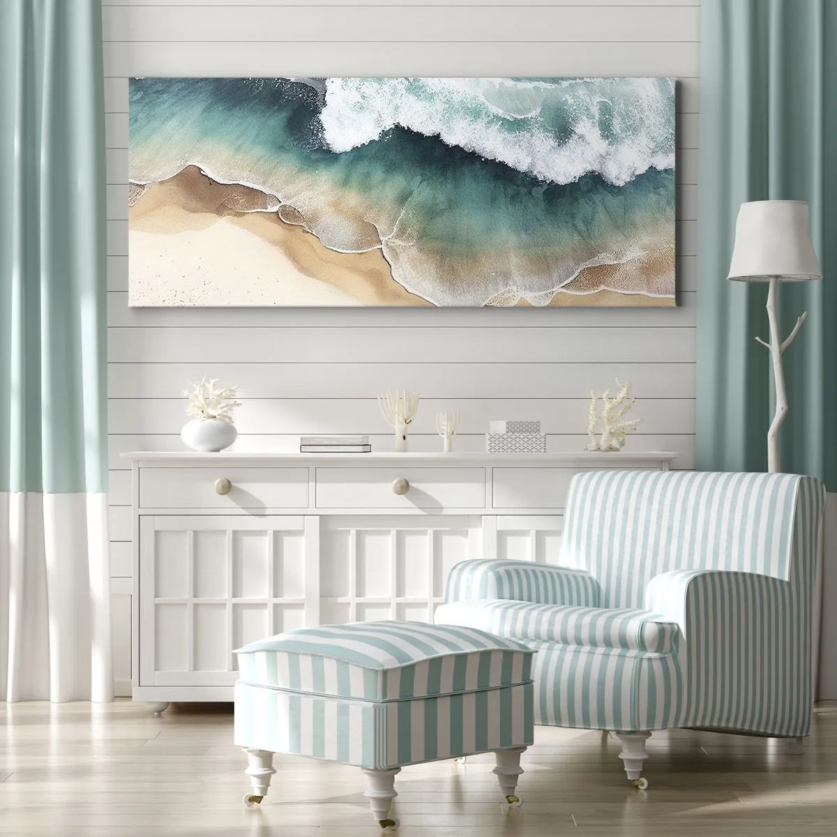 Bild auf Leinwand - Leinwandbild - Blick auf den Strand und die Meereswellen in Türkistönen - 140x50cm - Das ewige Treffen - Moderne Wanddekoration für Wohnzimmer und Schlafzimmer ARTTOR