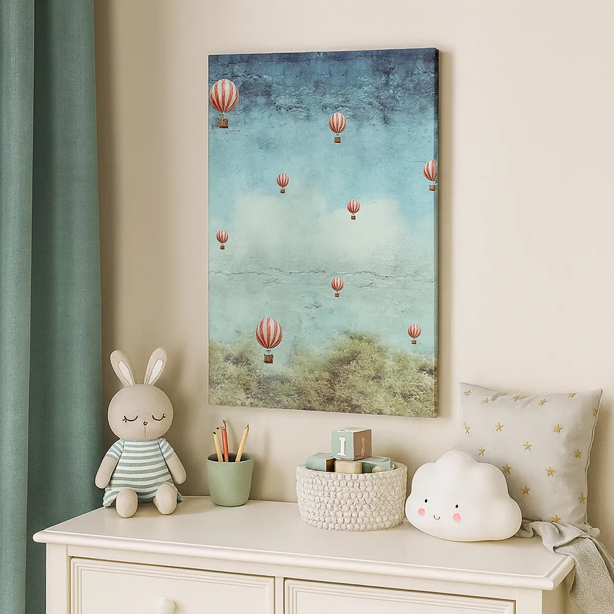 Bild auf Leinwand - Leinwandbild - Retro-Ballons vor blauem Himmel und grünem Hintergrund - 50x70cm - Frei von der Hektik des Lebens - Moderne Wanddekoration für Wohnzimmer und Schlafzimmer ARTTOR