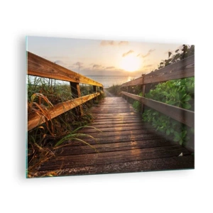 Glasbild - Bild auf glas - Holzsteg zum Strand bei Sonnenuntergang - 70x50cm - Und direkt ans Ufer - Moderne Wanddekoration für Wohnzimmer und Schlafzimmer ARTTOR