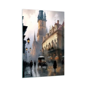 Glasbild - Bild auf glas - Abendliche Straßenszene mit historischer Architektur - 70x100cm - Charme eines Prager Abends - Moderne Wanddekoration für Wohnzimmer und Schlafzimmer ARTTOR