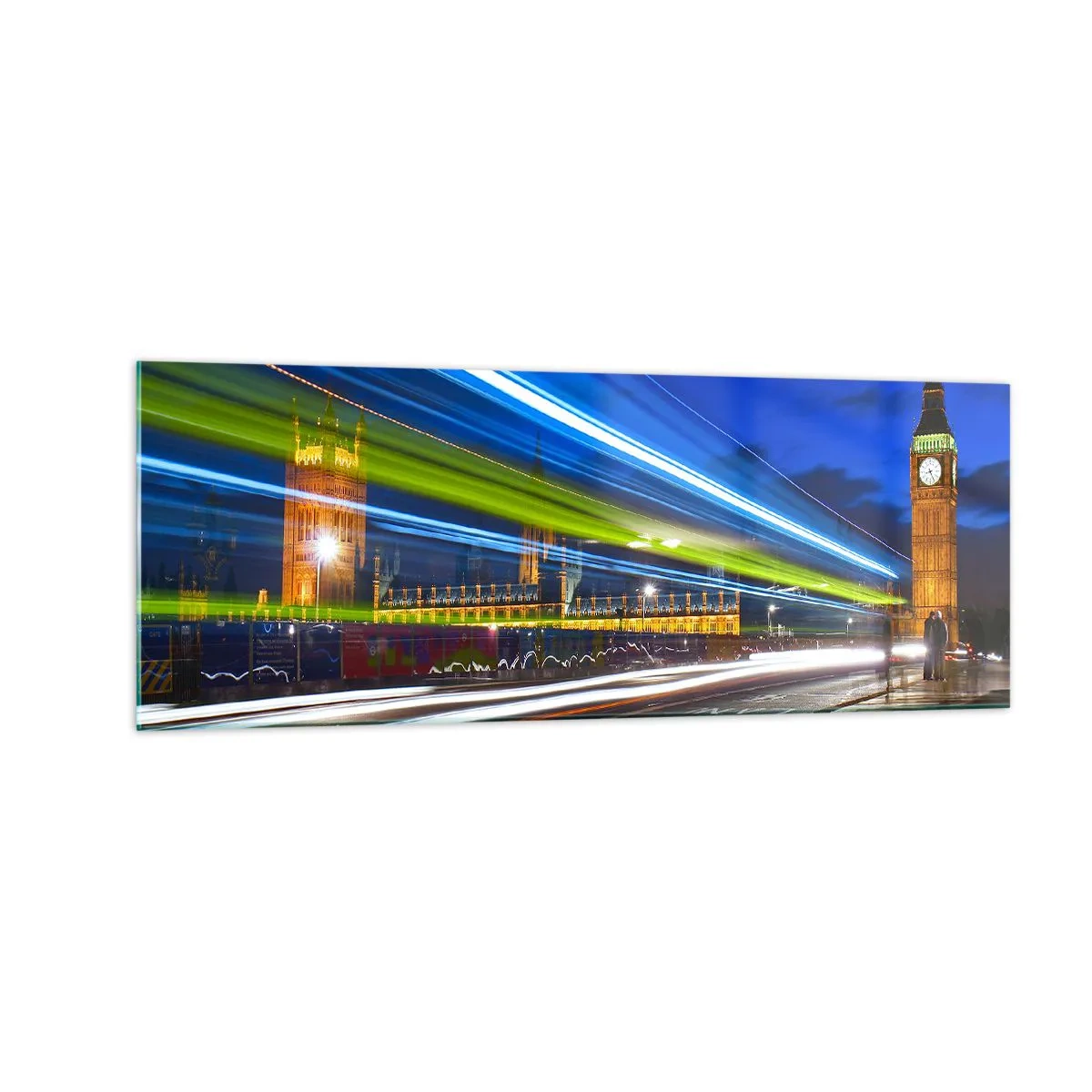 Glasbild - Bild auf glas - Big Ben bei Nacht mit der Wirkung von Lichtern im Straßenverkehr - 140x50cm - Unter den wachsamen Augen von Big Ben - Moderne Wanddekoration für Wohnzimmer und Schlafzimmer ARTTOR
