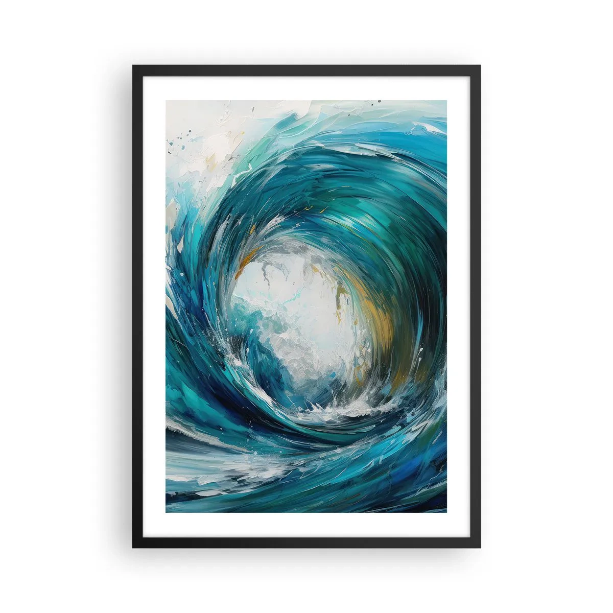 Poster in einem schwarzem Rahmen - Abstrakte Welle in Türkis-, Blau- und Weißtönen - 50x70cm - Meeresportal - Moderne Wanddekoration für Wohnzimmer und Schlafzimmer ARTTOR