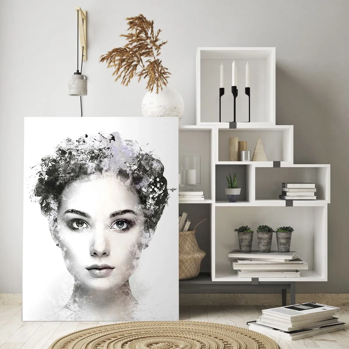 Glasbild - Bild auf glas - Ein künstlerisches Frauenporträt mit zarten abstrakten Akzenten. - 80x120cm - Ein äußerst stilvolles Portrait - Moderne Wanddekoration für Wohnzimmer und Schlafzimmer ARTTOR