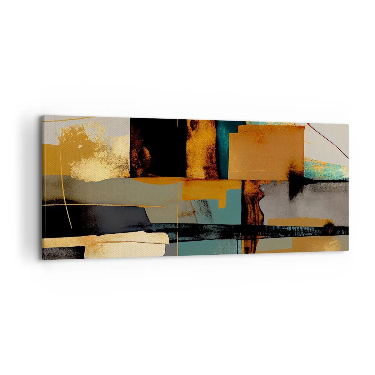 Bild auf Leinwand - Leinwandbild - Abstrakte Komposition mit goldenen und türkisfarbenen Elementen - 120x50cm - Abstraktion – Licht und Schatten - Moderne Wanddekoration für Wohnzimmer und Schlafzimmer ARTTOR