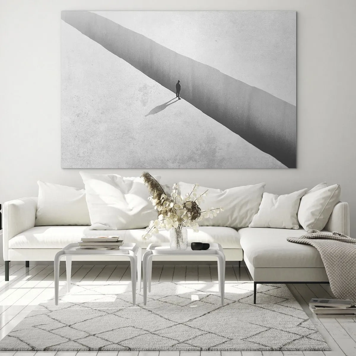 Glasbild - Bild auf glas - Eine minimalistische Silhouette über einem Abgrund in einem hellen Raum - 70x50cm - Klares Ziel - Moderne Wanddekoration für Wohnzimmer und Schlafzimmer ARTTOR