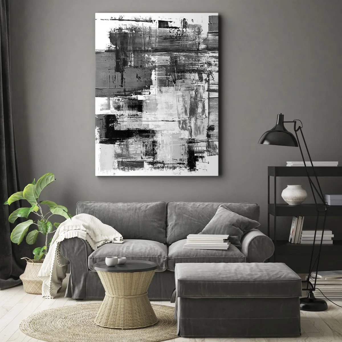 Bild auf Leinwand - Leinwandbild - Abstrakte Komposition in Schwarz, Weiß und Grau - 50x70cm - Wunderschönes Grau - Moderne Wanddekoration für Wohnzimmer und Schlafzimmer ARTTOR