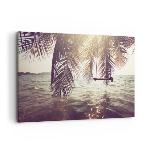 Bild auf Leinwand - Leinwandbild - Palme mit Schaukel über dem Wasser im Sonnenlicht - 120x80cm - Sie können nach Belieben in den Wolken schwingen - Moderne Wanddekoration für Wohnzimmer und Schlafzimmer ARTTOR