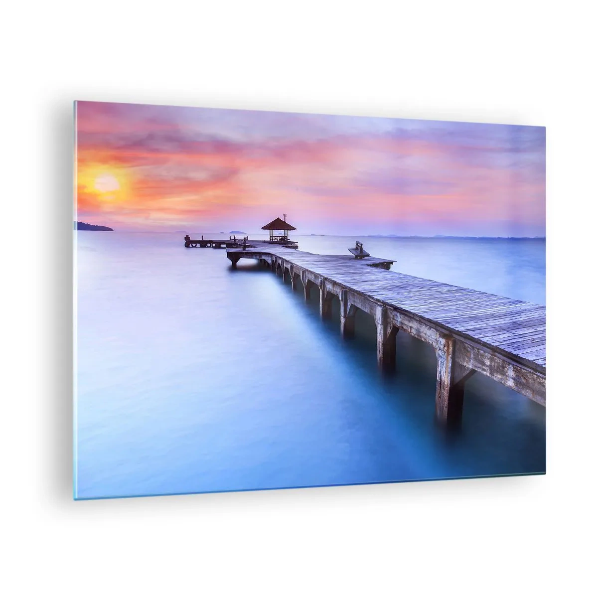 Glasbild - Bild auf glas - Holzsteg bei Sonnenaufgang auf ruhigem Wasser - 70x50cm - Ein Meer der Ruhe bis zum Horizont - Moderne Wanddekoration für Wohnzimmer und Schlafzimmer ARTTOR