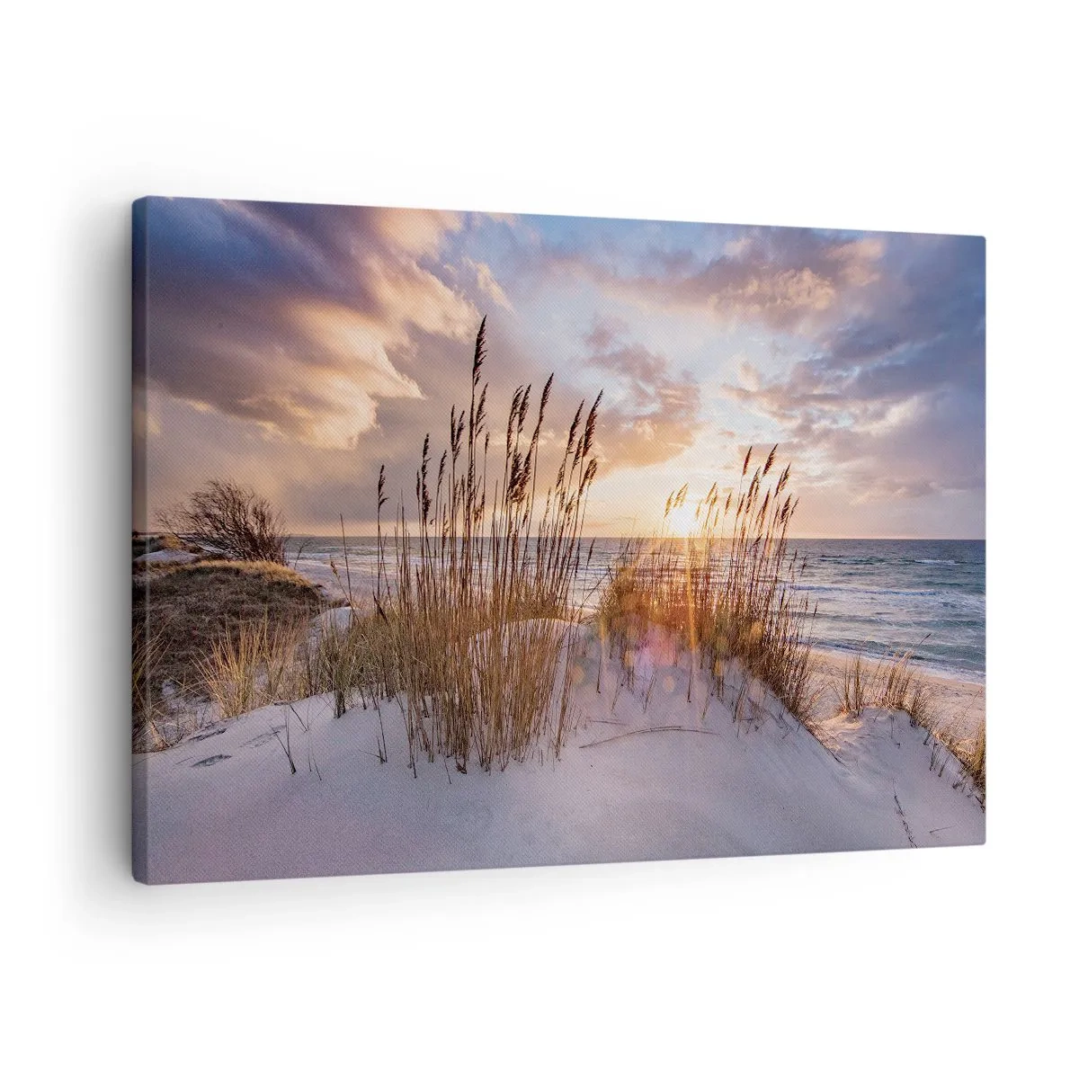 Bild auf Leinwand - Leinwandbild - Dünen mit Gräsern vor dem Hintergrund der untergehenden Sonne - 70x50cm - Abschied von Sonne und Wind - Moderne Wanddekoration für Wohnzimmer und Schlafzimmer ARTTOR
