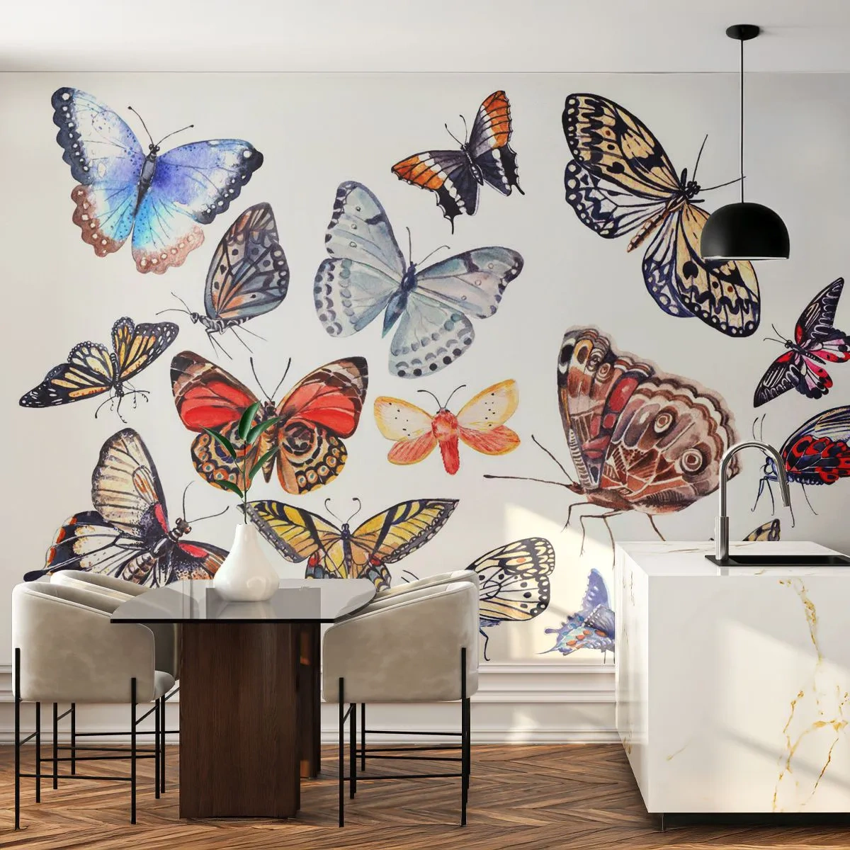 Fototapete Premium Sand - Bunte Schmetterlinge auf weißem Hintergrund, zarte Illustration - 100x70cm - Spitzen, bunter Schwarm - Moderne Wanddekoration für Wohnzimmer und Schlafzimmer ARTTOR