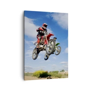 Bild auf Leinwand - Leinwandbild - Fahrer auf Motocross-Motorrädern in der Luft während eines Sprunges - 50x70cm - Himmelssprung - Moderne Wanddekoration für Wohnzimmer und Schlafzimmer ARTTOR
