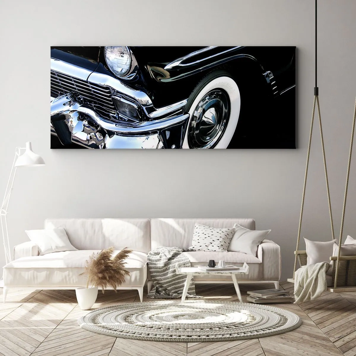 Bild auf Leinwand - Leinwandbild - Schwarzer Oldtimer, Nahaufnahme von Scheinwerfer und Kotflügel - 140x50cm - Klassiker in Silber, Schwarz und Weiß - Moderne Wanddekoration für Wohnzimmer und Schlafzimmer ARTTOR