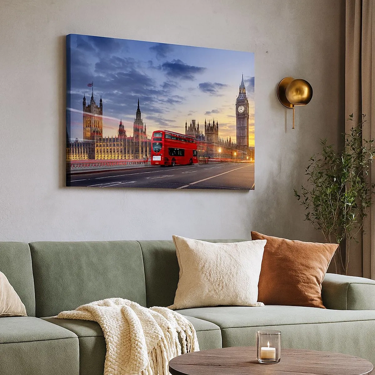 Bild auf Leinwand - Leinwandbild - Ein roter Bus mit Big Ben und den Houses of Parliament im Hintergrund in der Abenddämmerung. - 70x50cm - Spezielle Charaktere - Moderne Wanddekoration für Wohnzimmer und Schlafzimmer ARTTOR