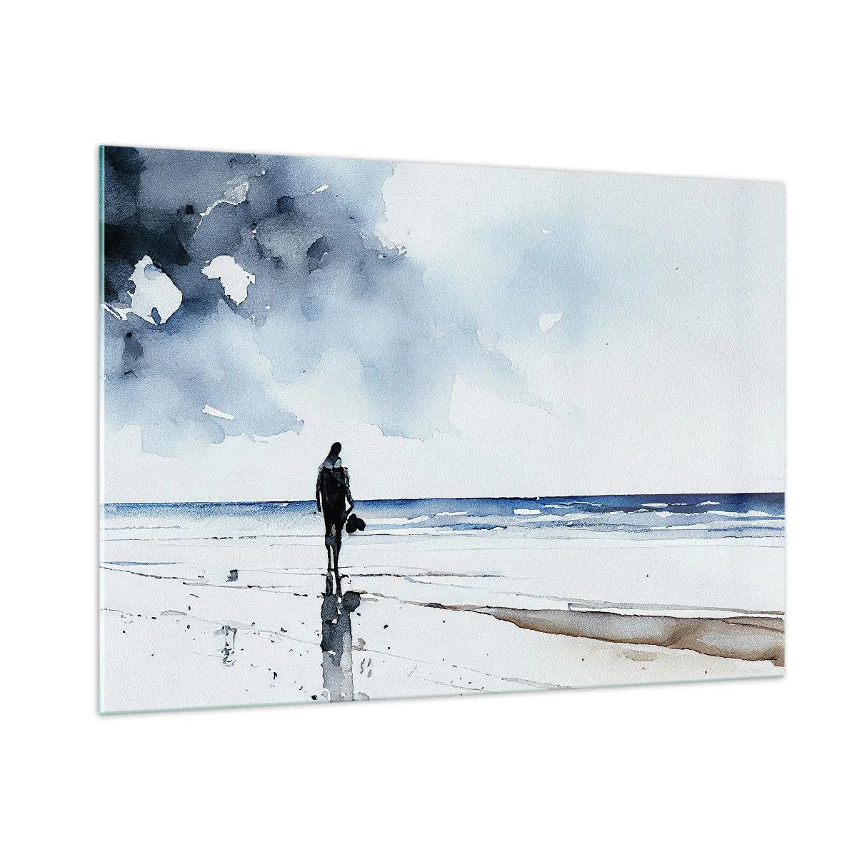 Glasbild - Bild auf glas - Silhouette einer Person an der Küste in zartem Aquarell - 100x70cm - Gespräch mit dem Meer - Moderne Wanddekoration für Wohnzimmer und Schlafzimmer ARTTOR