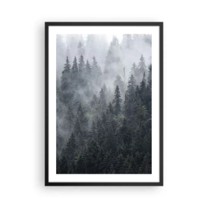 Poster in einem schwarzem Rahmen - Ein nebliger Wald mit hohen Nadelbäumen - 50x70cm - Walddämmerung - Moderne Wanddekoration für Wohnzimmer und Schlafzimmer ARTTOR