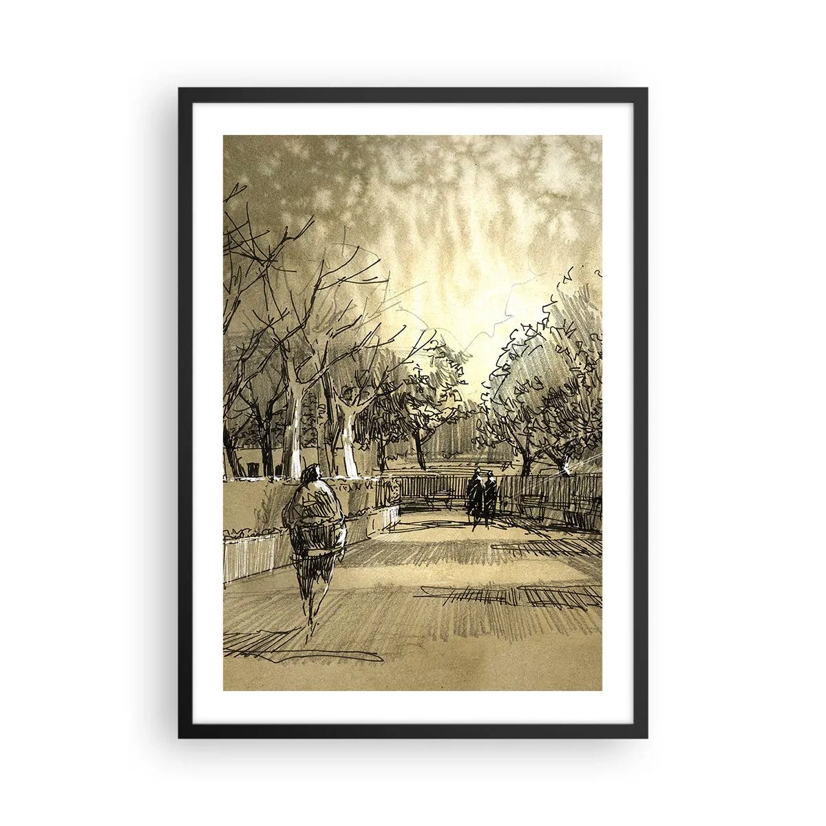 Poster in einem schwarzem Rahmen - Sepiafarbene Parkillustration im Skizzenstil - 50x70cm - Ein Moment mit einer Feder angehalten - Moderne Wanddekoration für Wohnzimmer und Schlafzimmer ARTTOR