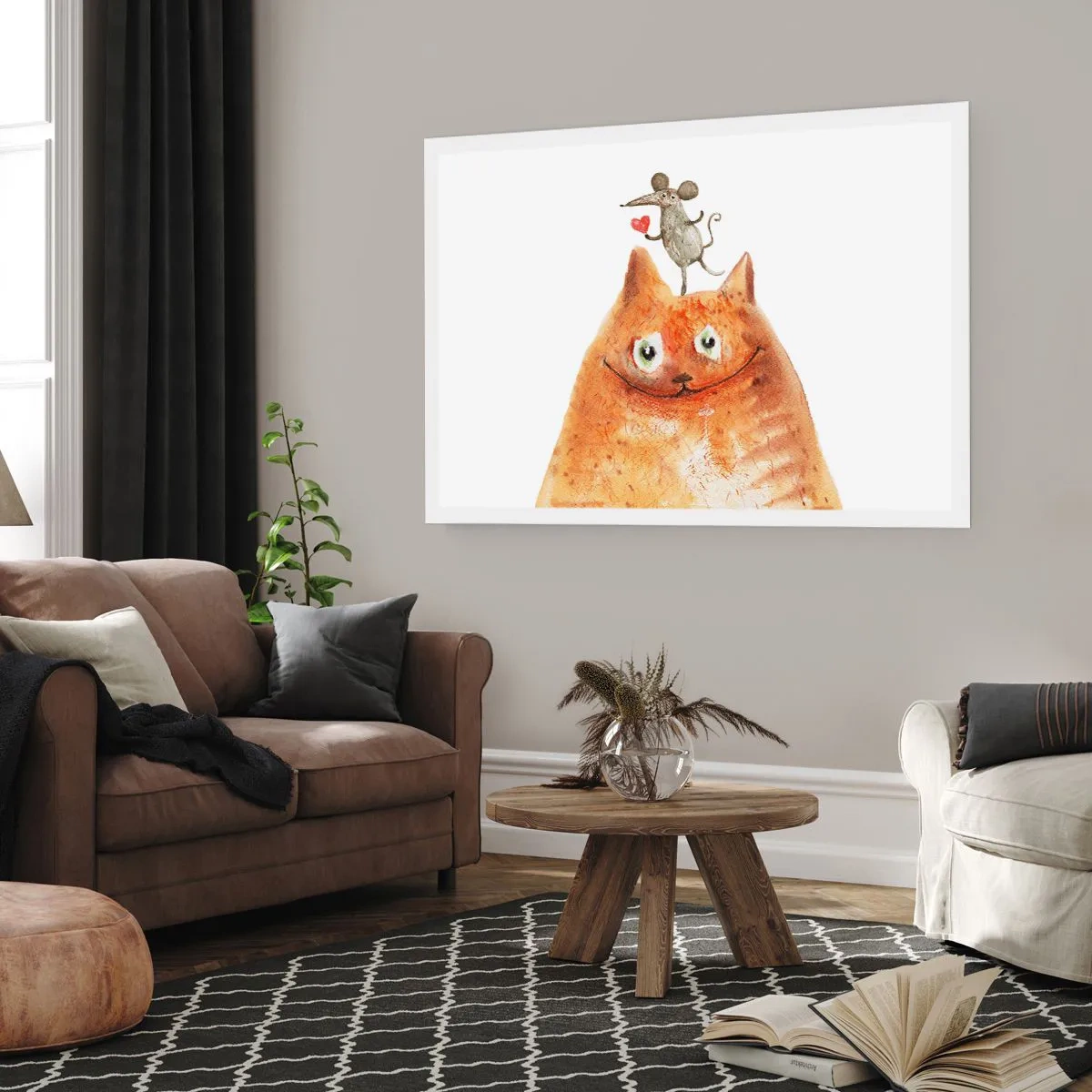 Poster - Eine Zeichnung einer Katze mit einer Maus auf dem Kopf, die ein Herz hält - 100x70cm - Paradoxien der Liebe - Moderne Wanddekoration für Wohnzimmer und Schlafzimmer ARTTOR