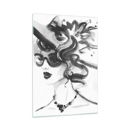 Glasbild - Bild auf glas - Schwarz-Weiß-Porträt einer Frau mit Hut - 50x70cm - Eine Dame mit Charakter - Moderne Wanddekoration für Wohnzimmer und Schlafzimmer ARTTOR