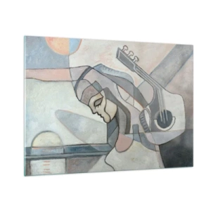 Glasbild - Bild auf glas - Künstlerische Figur einer Frau mit Gitarre in Pastellfarben - 100x70cm - In der Kraft der Musik - Moderne Wanddekoration für Wohnzimmer und Schlafzimmer ARTTOR