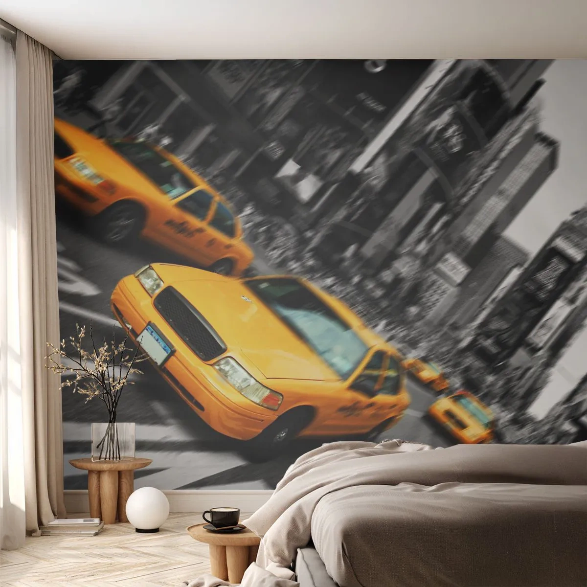 Fototapete Premium Sand - Gelbe Taxis vor der Kulisse einer schwarz-weißen Stadt - 100x70cm - New Yorker Sonnentropfen - Moderne Wanddekoration für Wohnzimmer und Schlafzimmer ARTTOR