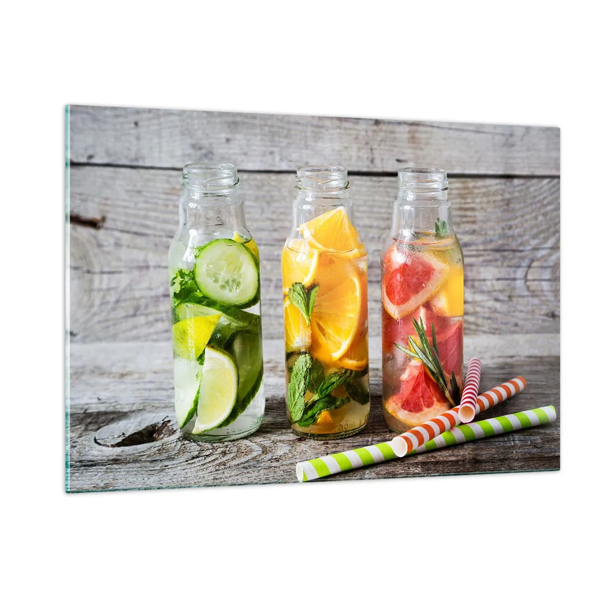 Glasbild - Bild auf glas - Flaschen mit Fruchtwasser und Kräutern auf einem hölzernen Hintergrund - 120x80cm - Von Natur aus gesund - Moderne Wanddekoration für Wohnzimmer und Schlafzimmer ARTTOR