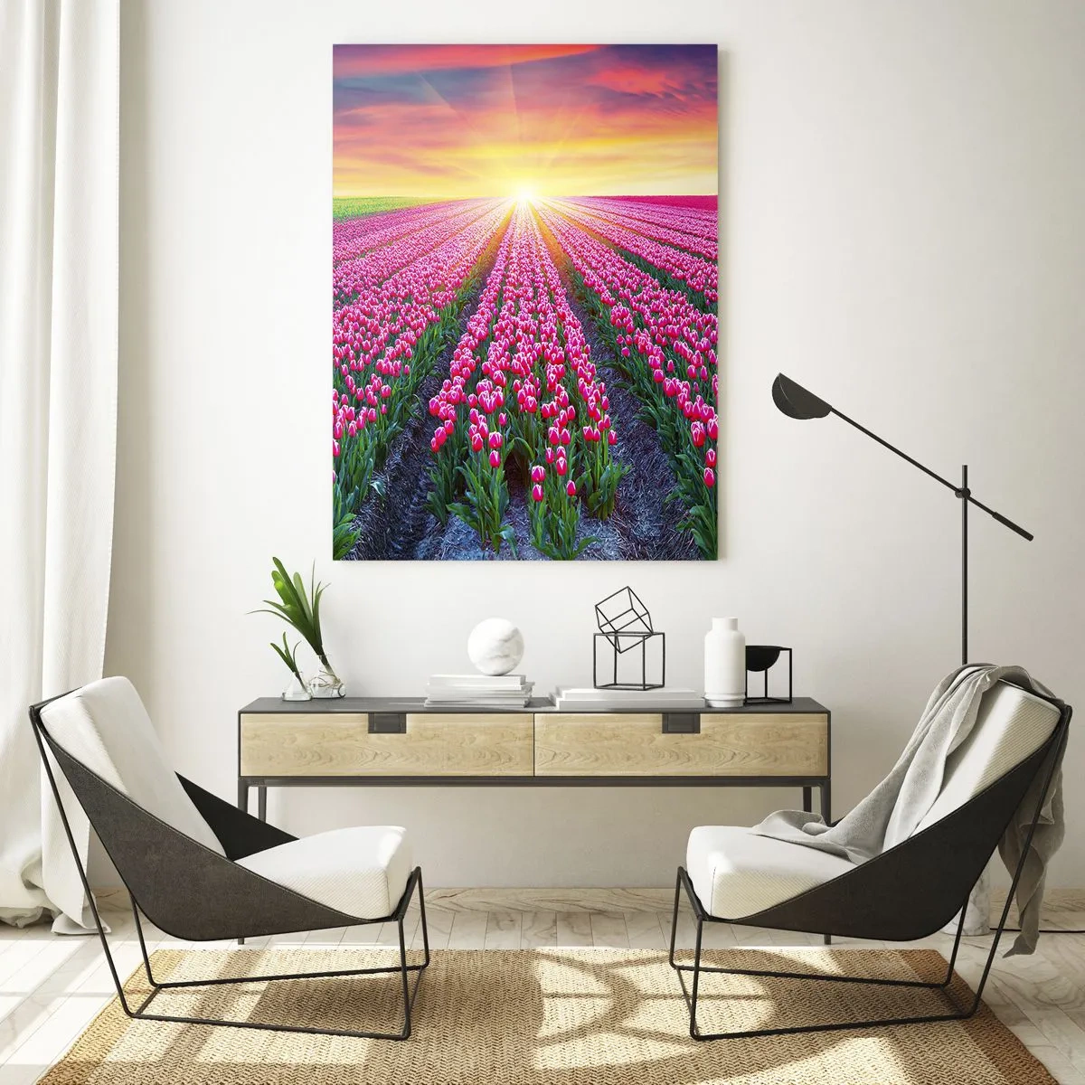 Glasbild - Bild auf glas - Ein Tulpenfeld bei Sonnenuntergang - 70x100cm - Schönheitsfarm - Moderne Wanddekoration für Wohnzimmer und Schlafzimmer ARTTOR