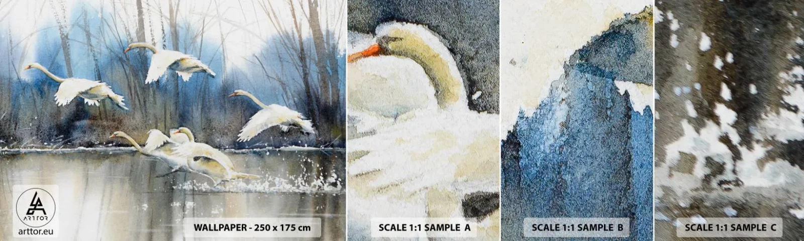 Fototapeten Muster Selbstklebend Deluxe Sticker - Wie im Märchen von den wilden Schwänen - Schwäne, Vögel, Landschaft - 100x30 cm