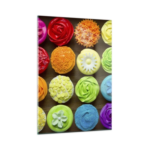 Glasbild - Bild auf glas - Bunte Cupcakes mit Dekorationen auf einem hölzernen Hintergrund - 50x70cm - Alles andere - alles lecker - Moderne Wanddekoration für Wohnzimmer und Schlafzimmer ARTTOR