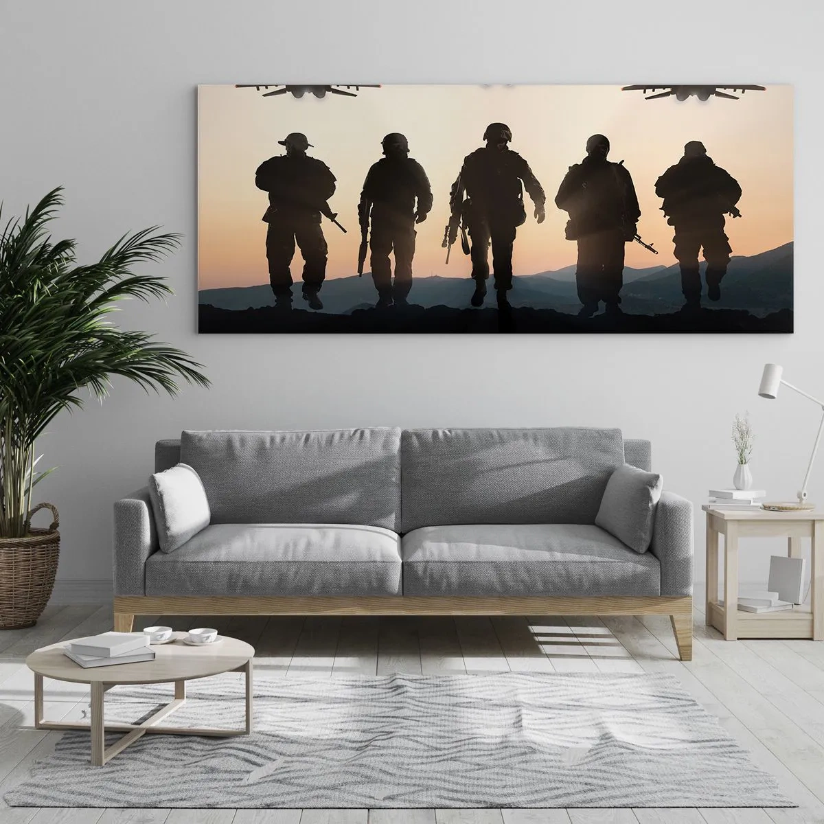 Glasbild - Bild auf glas - Silhouetten von Soldaten und Kampfjets vor dem Hintergrund des Sonnenuntergangs - 160x50cm - Willkommen in unserer Welt - Moderne Wanddekoration für Wohnzimmer und Schlafzimmer ARTTOR