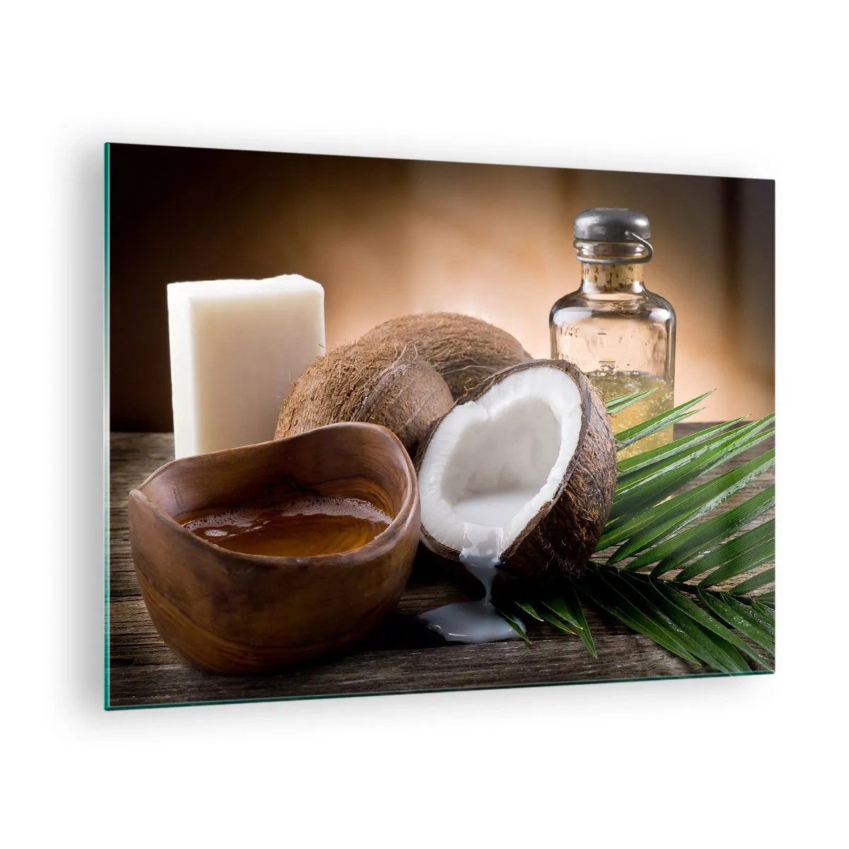 Glasbild - Bild auf glas - Natürliche Zutaten mit Kokosnuss und Öl auf einem hölzernen Hintergrund - 70x50cm - Gesundheit von tropischen Inseln - Moderne Wanddekoration für Wohnzimmer und Schlafzimmer ARTTOR