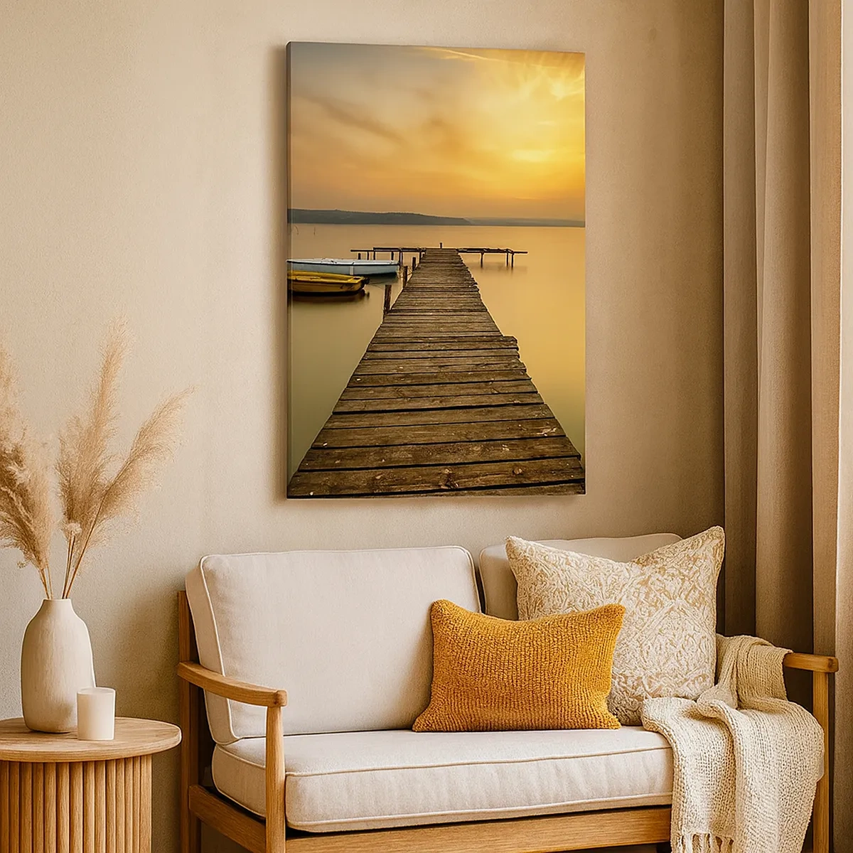 Bild auf Leinwand - Leinwandbild - Holzsteg und Boote auf dem See bei Sonnenuntergang - 50x70cm - Ich werde dir den goldenen Himmel öffnen - Moderne Wanddekoration für Wohnzimmer und Schlafzimmer ARTTOR