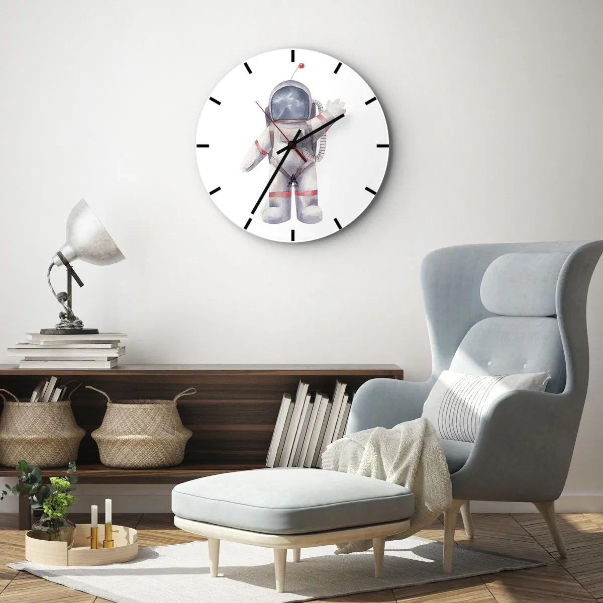 Wanduhr - Glasuhr - Illustration eines Kosmonauten mit erhobener Hand auf weißem Hintergrund - 30x30cm - Bis dann! - Moderne Wanddekoration für Wohnzimmer, Küche und Schlafzimmer ARTTOR