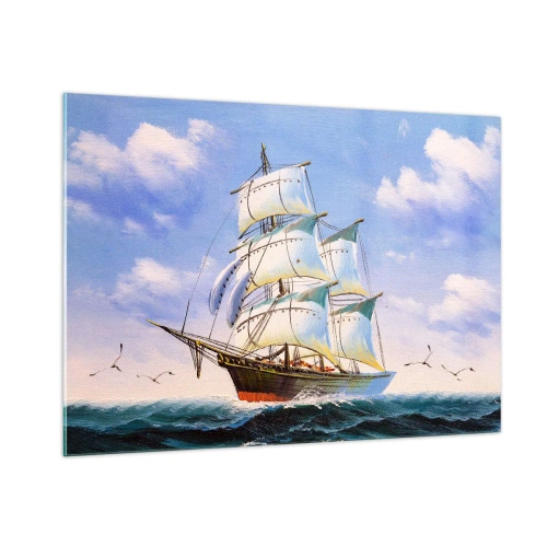 Glasbild - Bild auf glas - Ein Segelschiff auf hoher See unter blauem Himmel - 100x70cm - Mit Stolz mit dem Wind - Moderne Wanddekoration für Wohnzimmer und Schlafzimmer ARTTOR