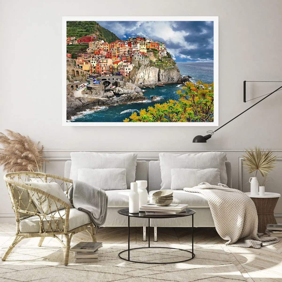 Poster - Bunte Häuser auf einer Klippe mit Blick auf das Meer in Cinque Terre - 100x70cm - Eine Gruppe umarmt die Felsen - Moderne Wanddekoration für Wohnzimmer und Schlafzimmer ARTTOR