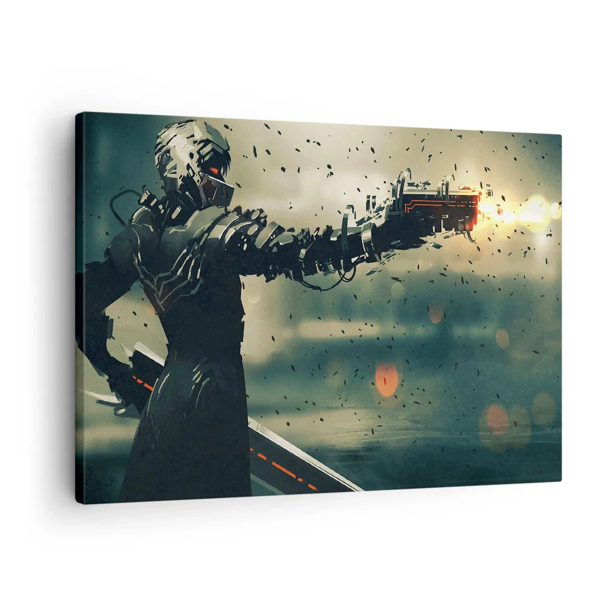 Bild auf Leinwand - Leinwandbild - Kybernetischer Krieger mit futuristischen Waffen - 70x50cm - Tödliche Waffe - Dein ganz eigener Terminator - Moderne Wanddekoration für Wohnzimmer und Schlafzimmer ARTTOR