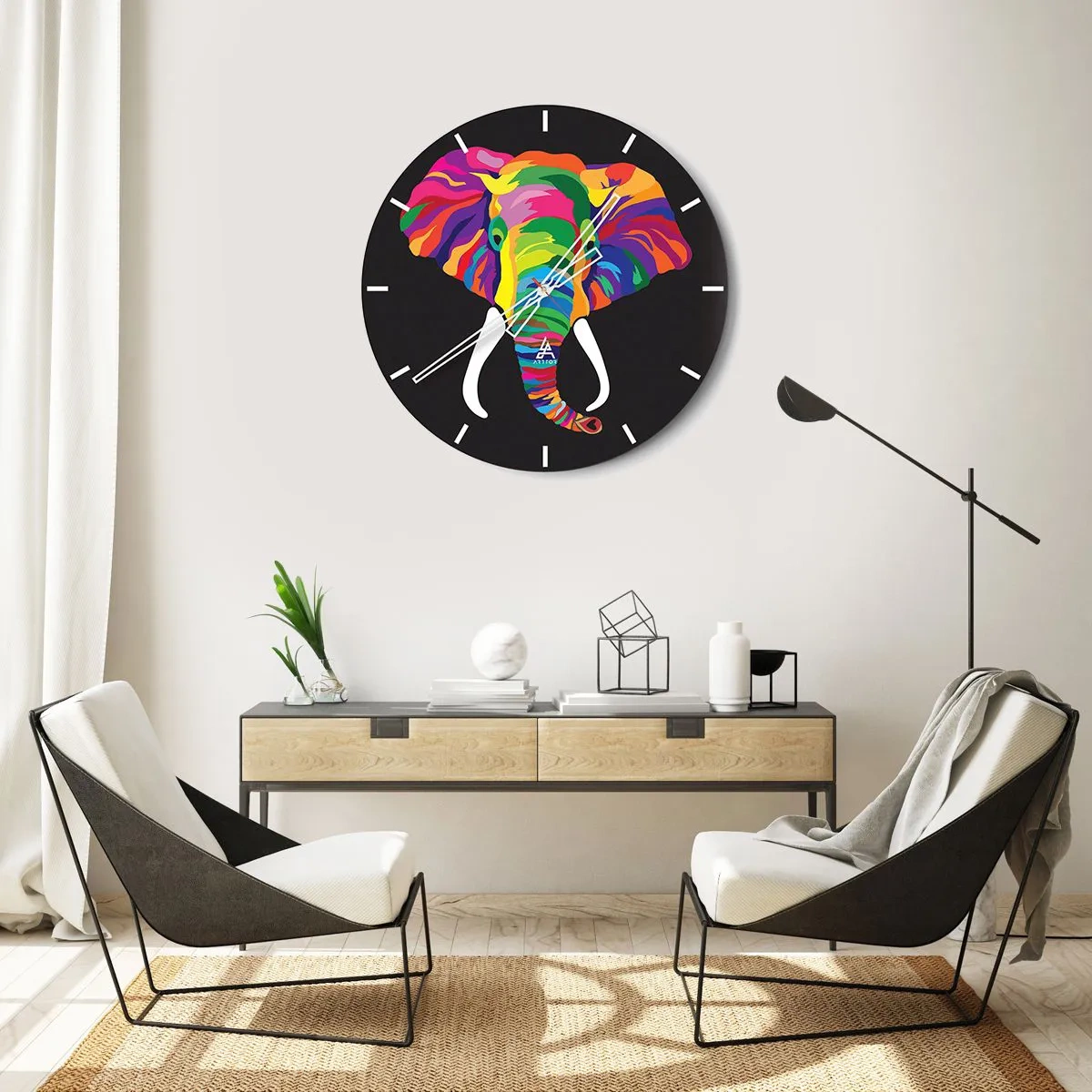 Wanduhr - Glasuhr - Der Elefant, der es liebte, im Regenbogen zu baden - 30x30 cm